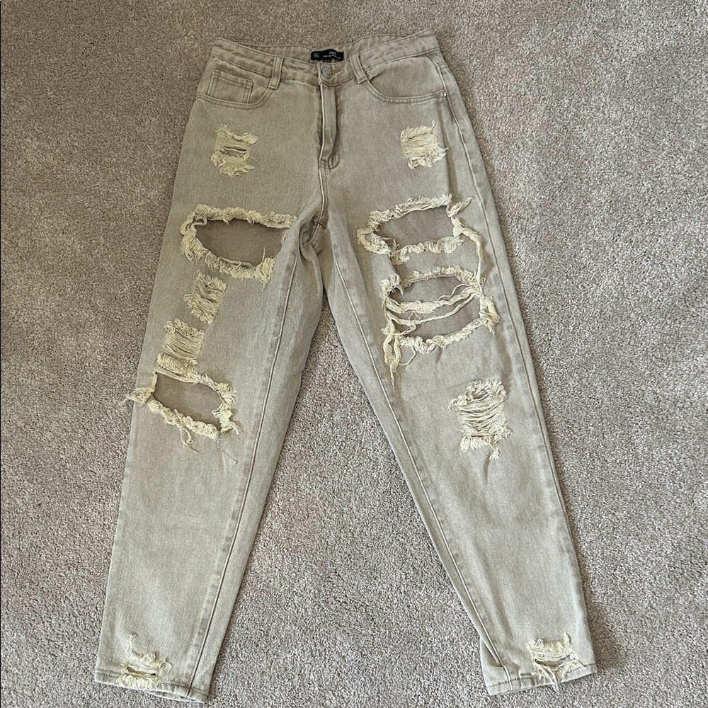 Distressed Light Tan High Rise Mom Jeans UK 10 US 6